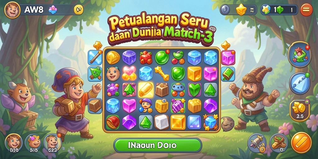 Tampilan menarik dari gameplay Match-3 AW8 saat mencocokkan item.