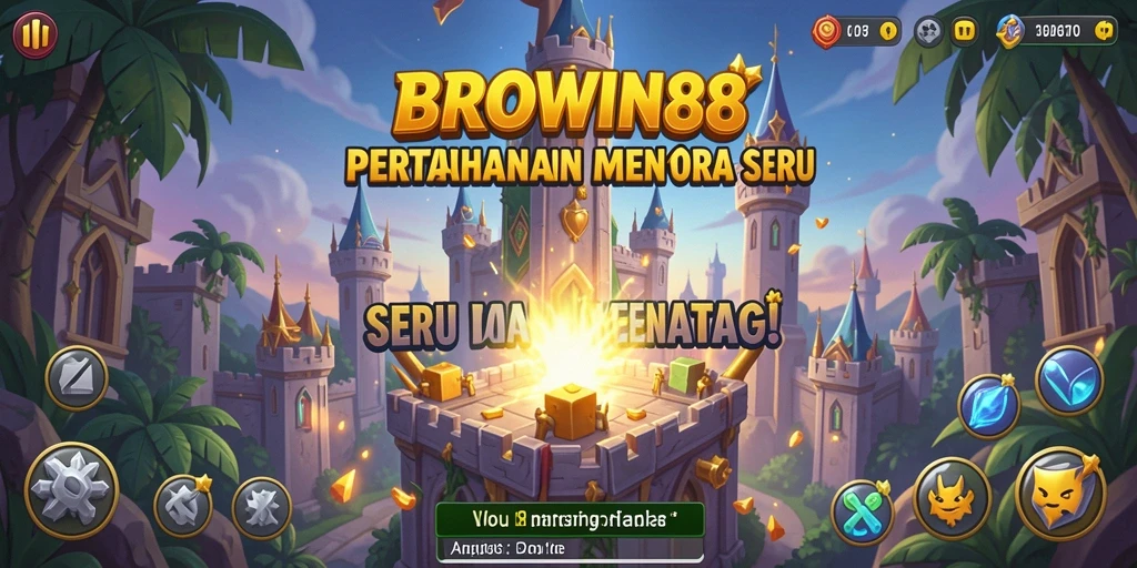 Tangkapan layar gameplay BROWIN88 menampilkan menara dan gelombang musuh.