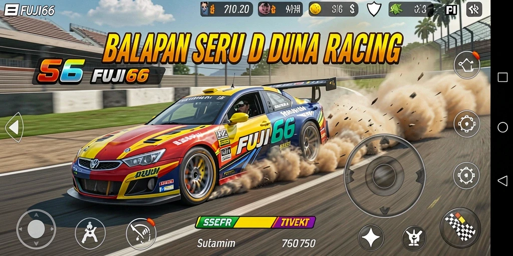Screenshot FUJI66 menampilkan aksi balapan seru dengan mobil yang bergerak cepat.