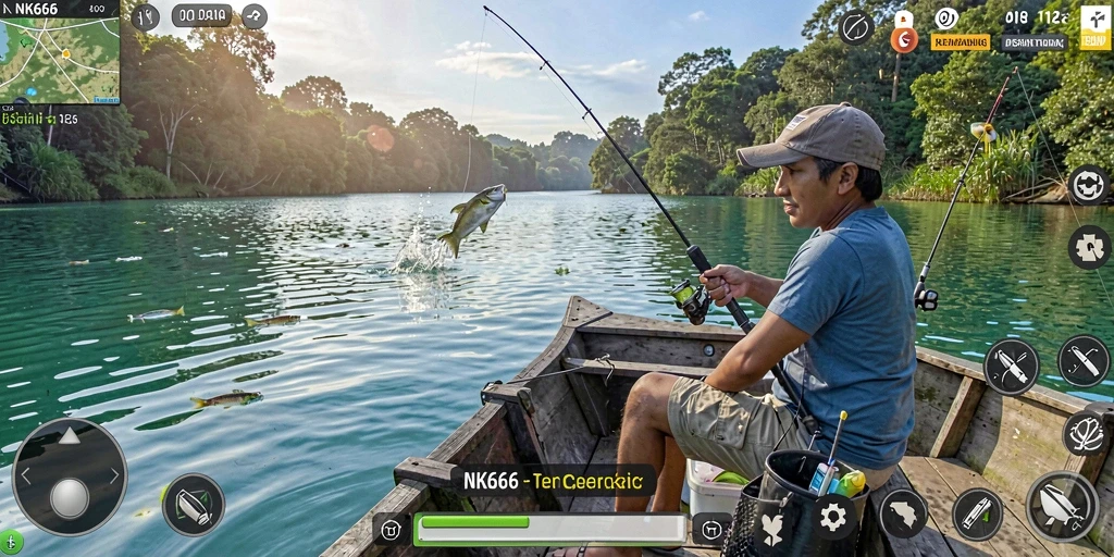 Screenshot gameplay NK666 menampilkan aksi memancing yang mendebarkan dan pemandangan yang indah.