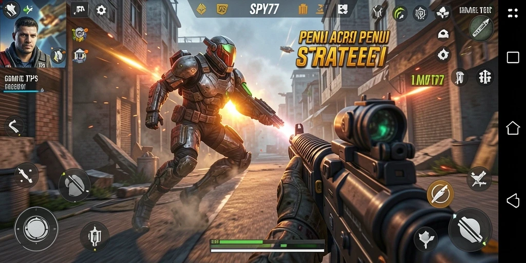 Gambaran gameplay SPY77 dengan aksi menegangkan di medan tempur.