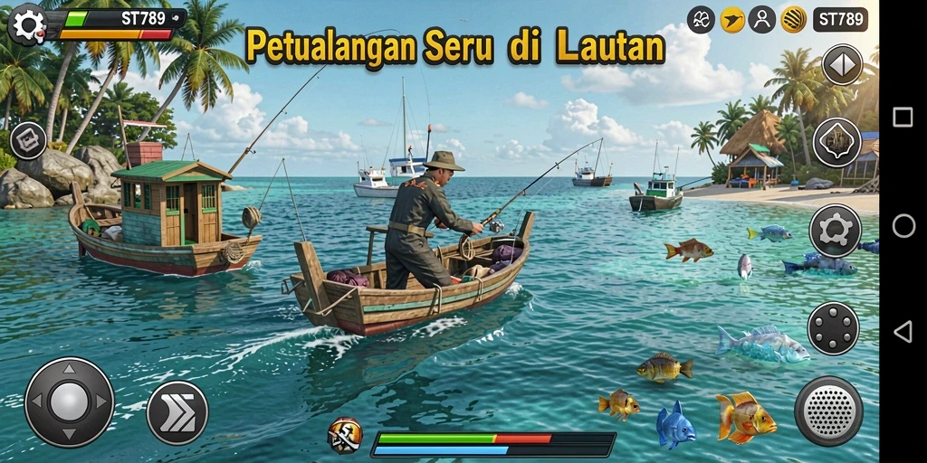 Screenshot gameplay ST789 yang menampilkan aksi memancing yang mendebarkan.